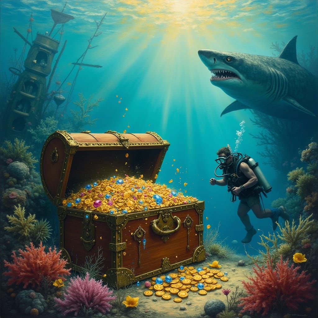 Underwater Treasure Chest in Oil Painting Style