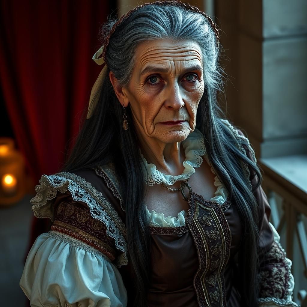 Elderly Juliet on Balcony in Neo-Noir Style