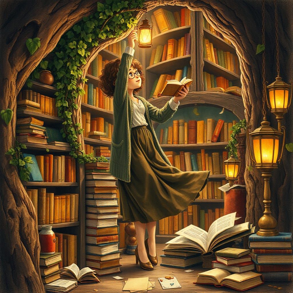 Cozy Underground Library Scene with Whimsical Bookworm
