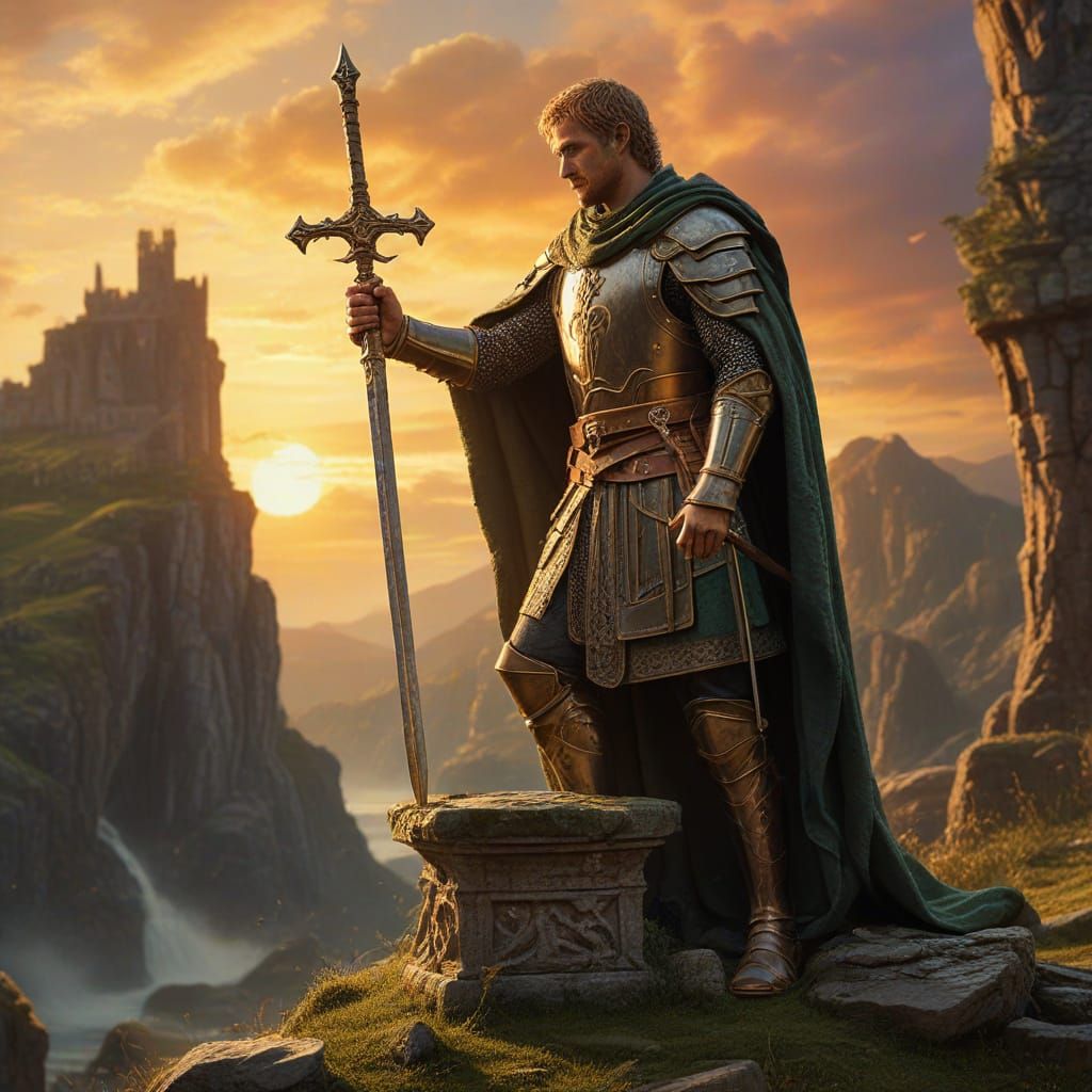 King Arthur Pulls Excalibur: Medieval Oil Painting