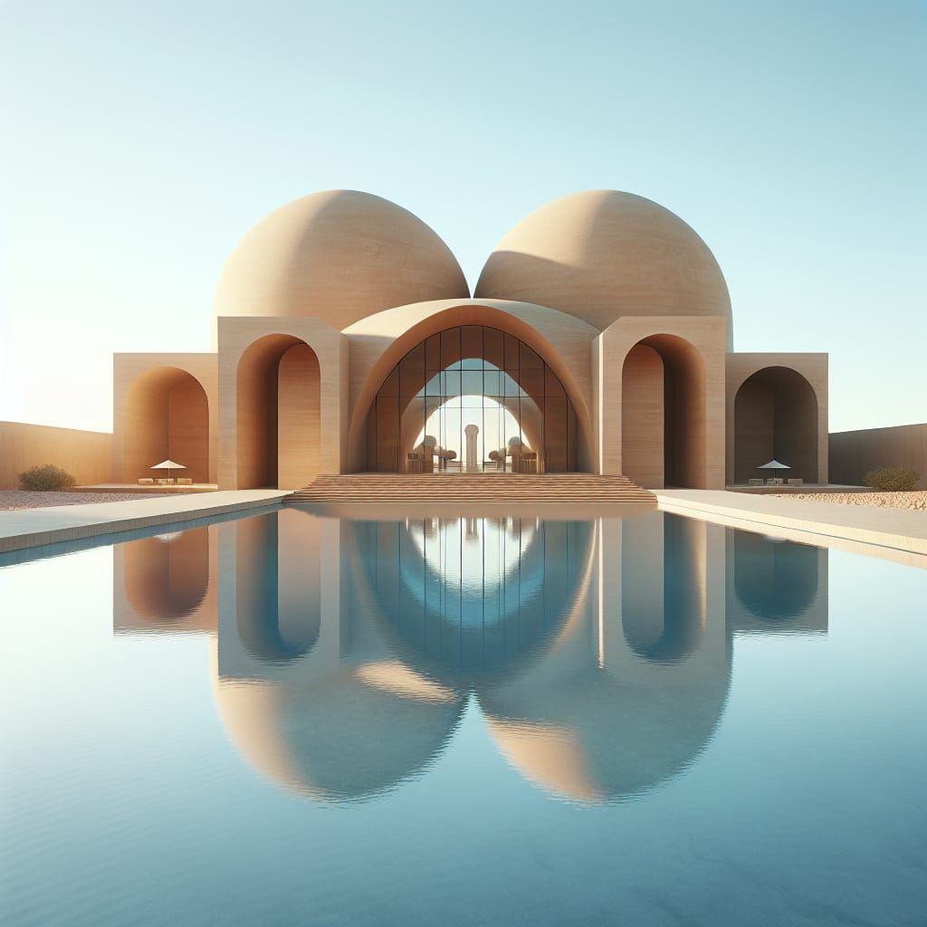 Minimalist Architecture with Domes Reflecting in Water