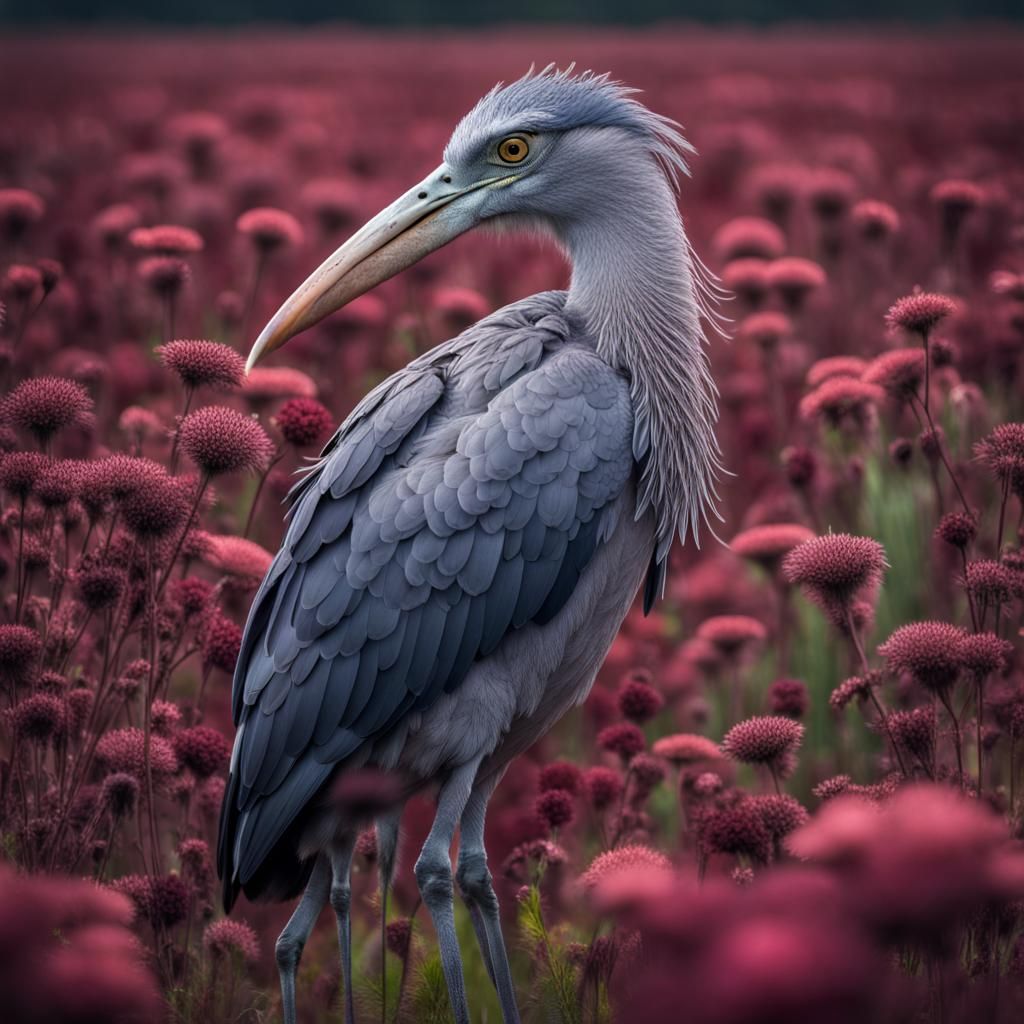 Shoebill Heron in Burgundy Flower Field