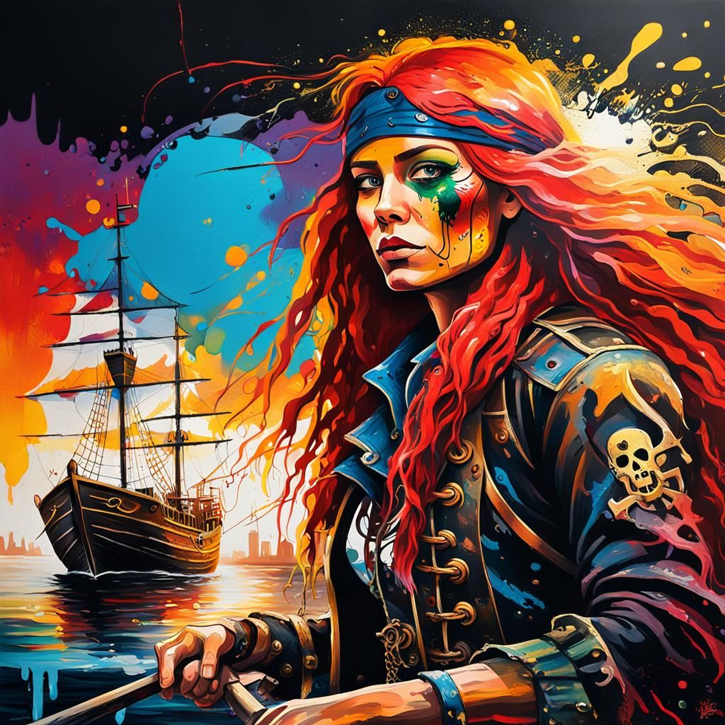 Woman Pirate Sailing at Dawn in Graffiti Art Style