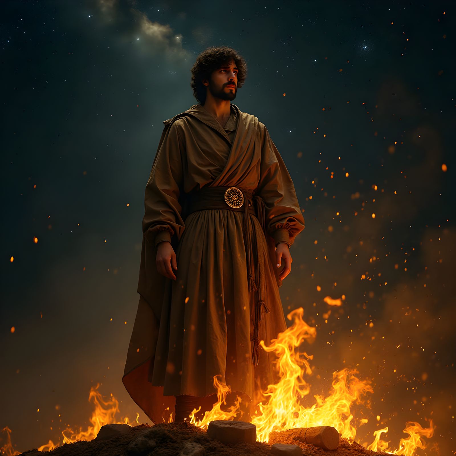 Heroic Scientist Confronts Flames Under a Celestial Sky