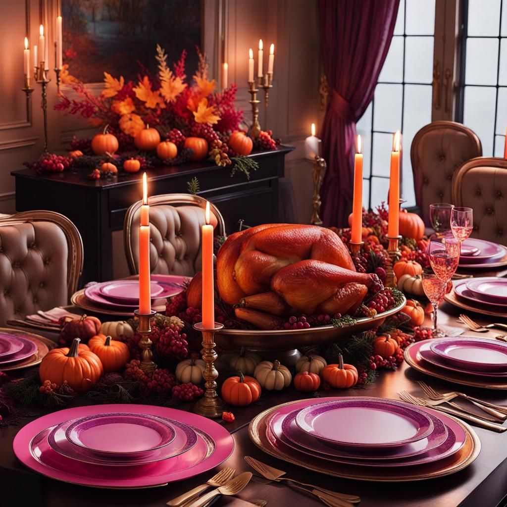 Thanksgiving Table in Synthwave Neon Retro Style