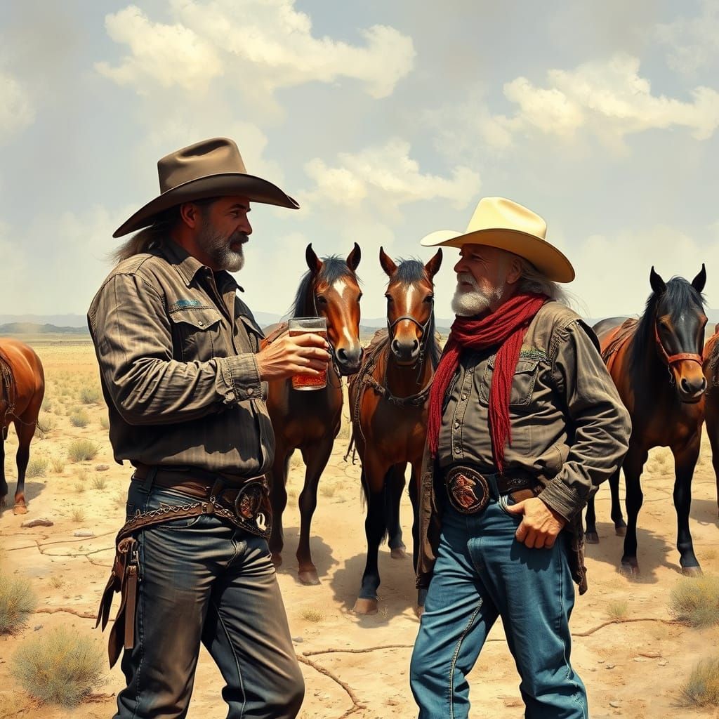 Cowboy Legends Share a Beer on the Ranch