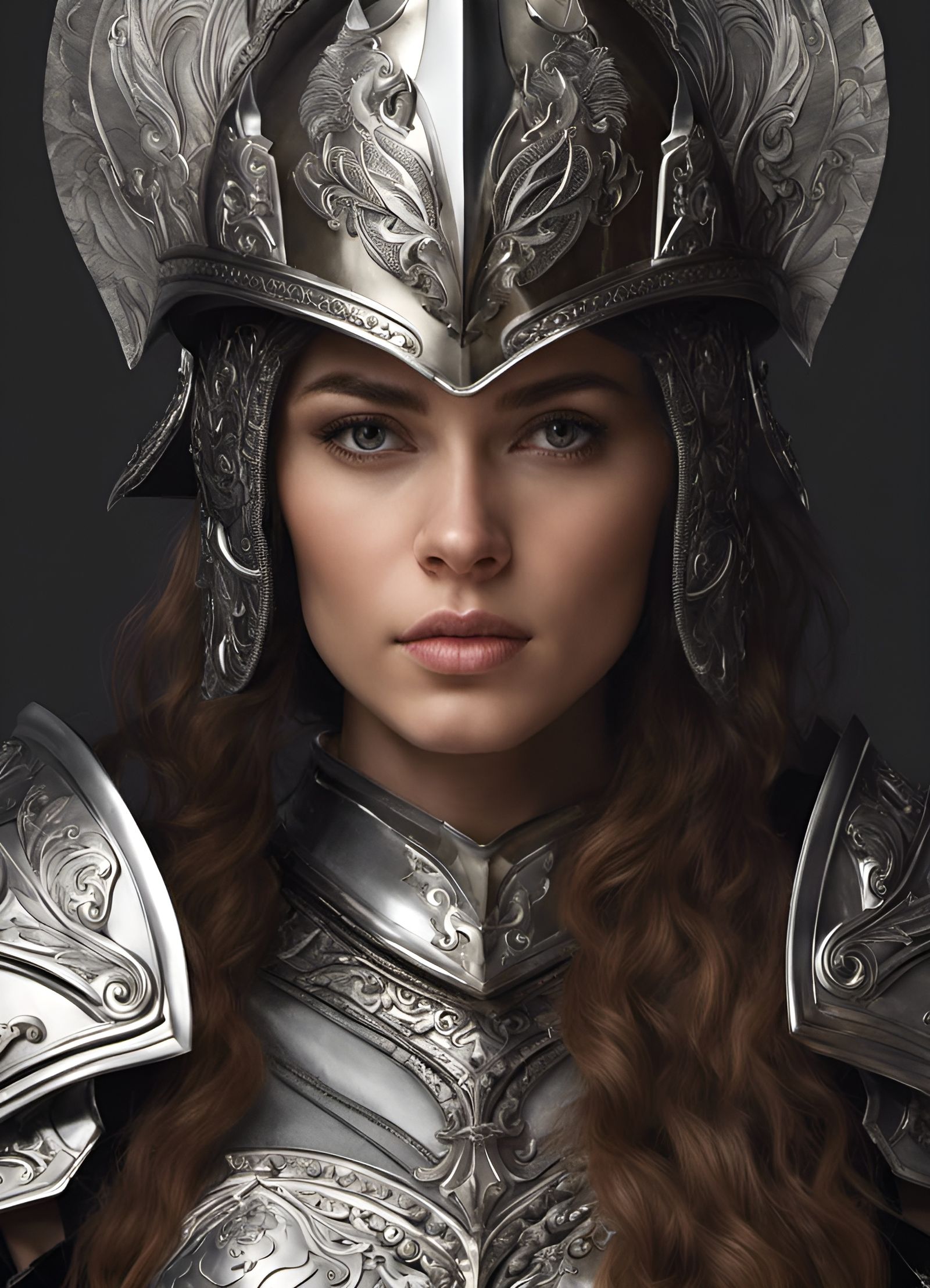 Female Knight Portrait in Ornate Silver Armor
