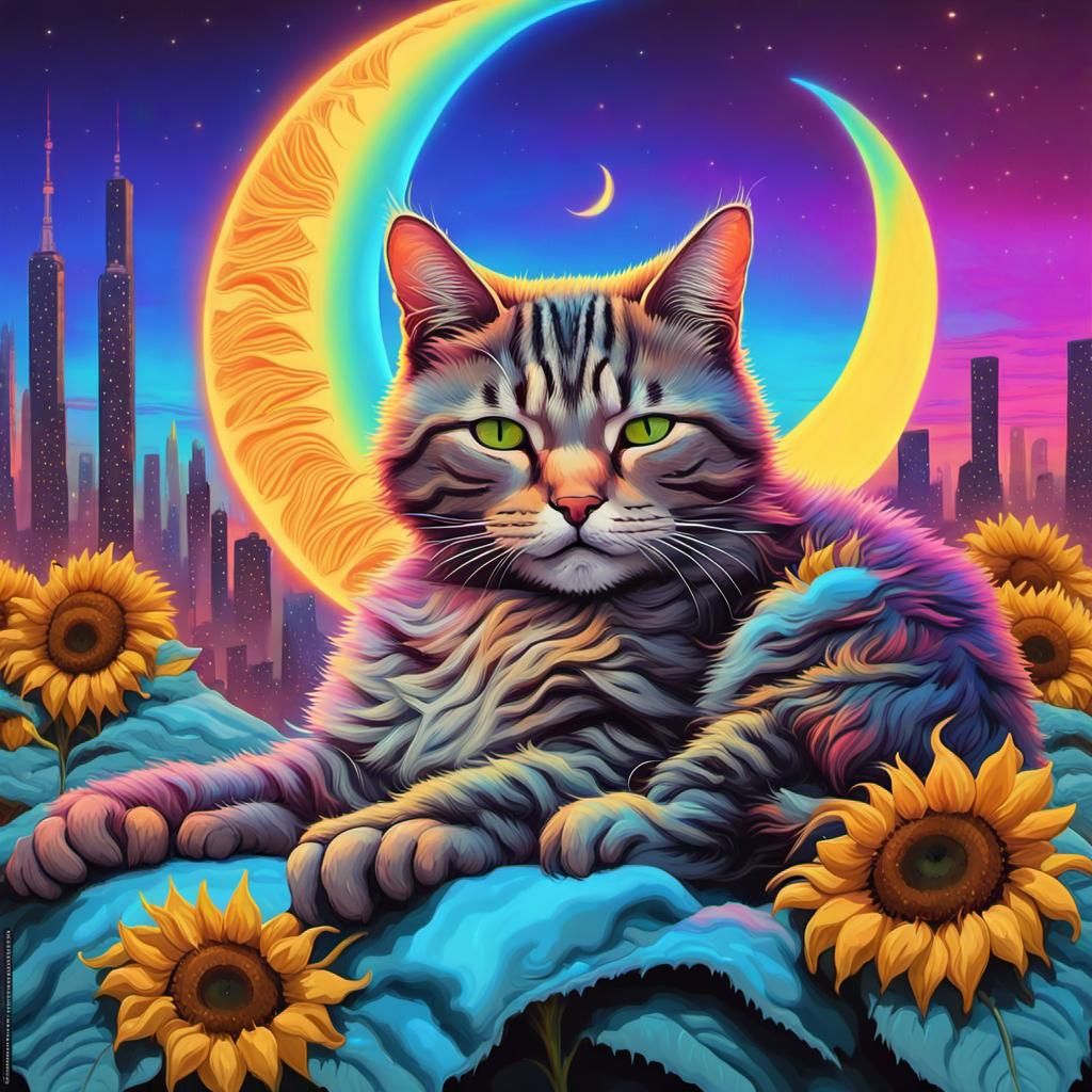 Cute Cat on Moon in Cyberpunk Candyland Style