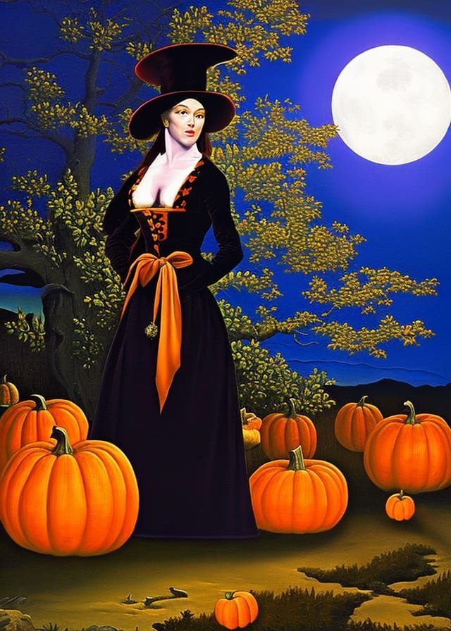 Halloween Witch with Pumpkins in Baroque Style