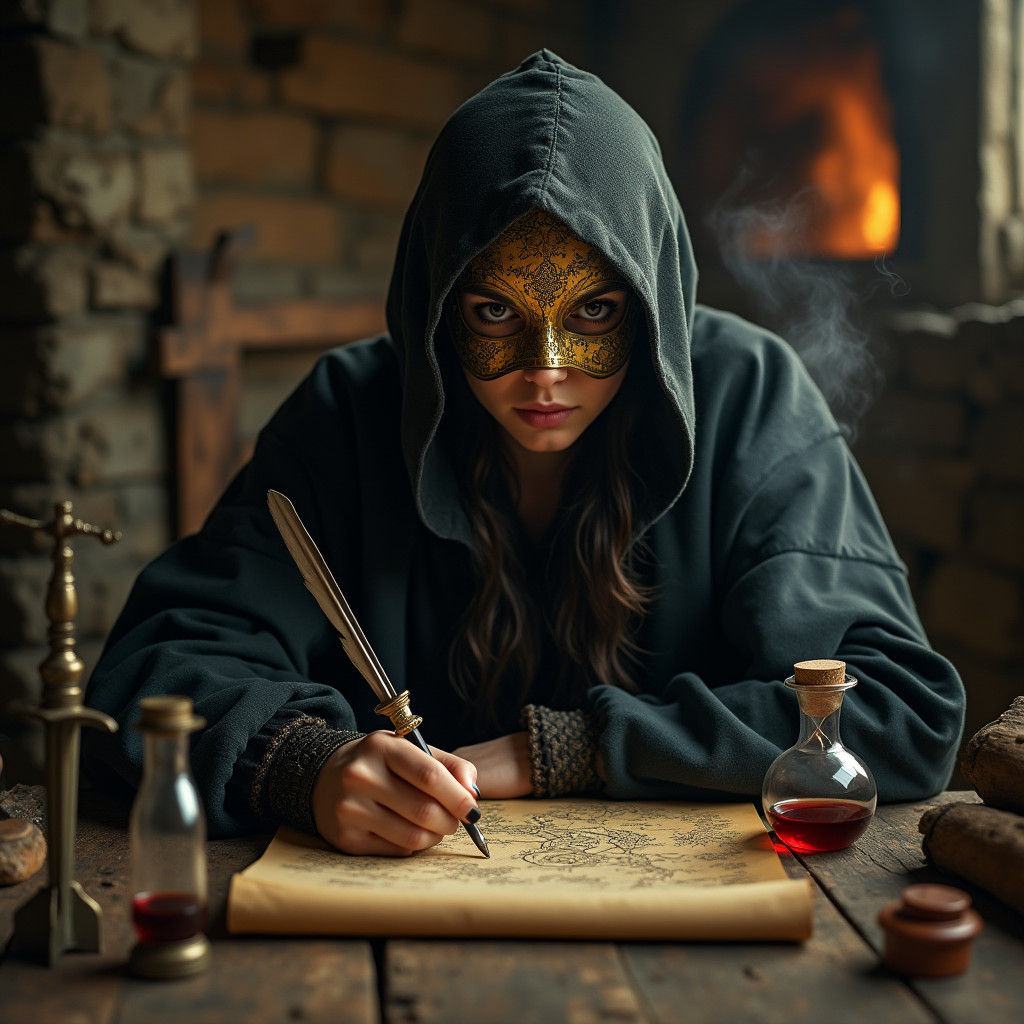 Mystical Woman Signing Parchment in Dark Fantasy Style