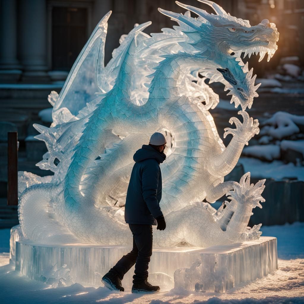 Ice Dragon Sculpture in Sunlight: Photorealistic 3D