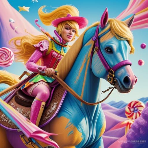 Whimsical Candy Art of a Blonde Woman on Horse