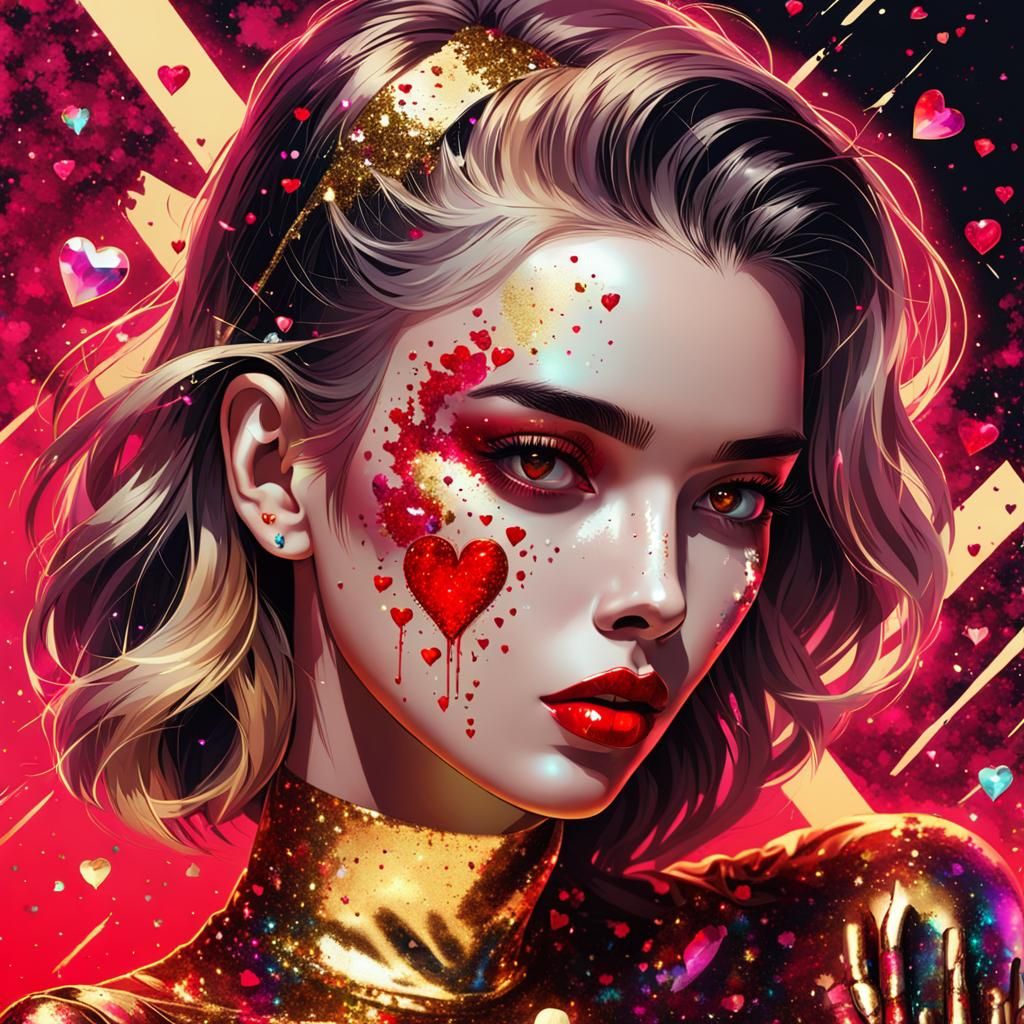 Synthwave Girl with Gold Crystals and Glitter