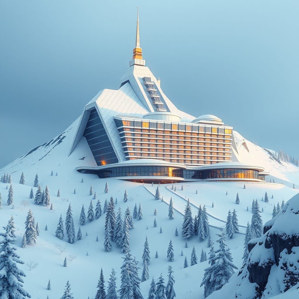 Cyberpunk Winter Resort Hotel in Serene Wonderland