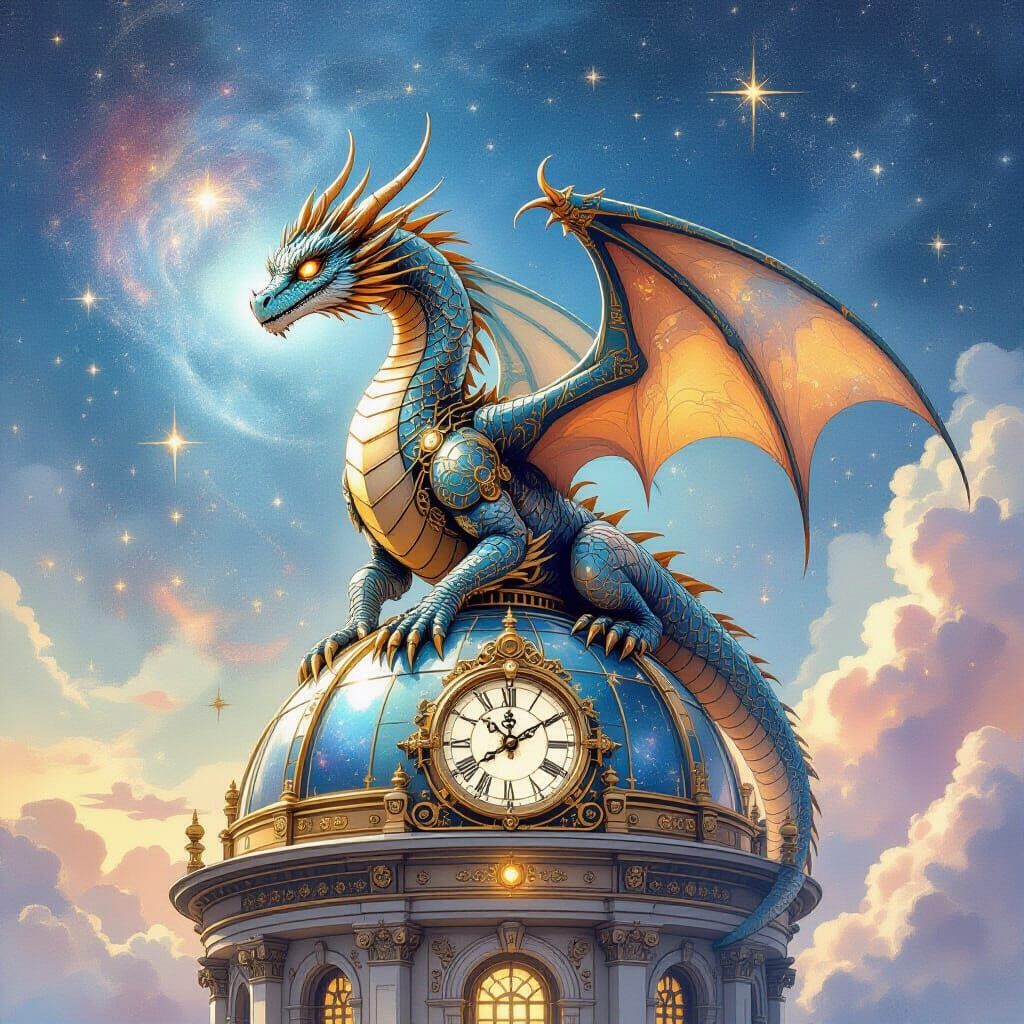 Clockwork Dragon on Observatory Dome in Surreal Watercolor S...