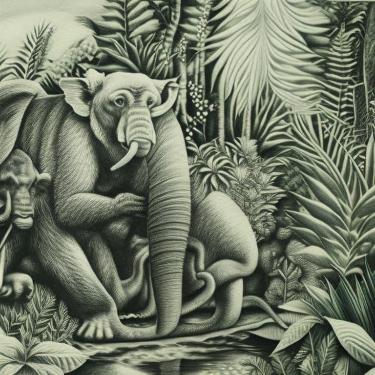 Monkey Rides Elephant: Hyperdetailed Charcoal Drawing