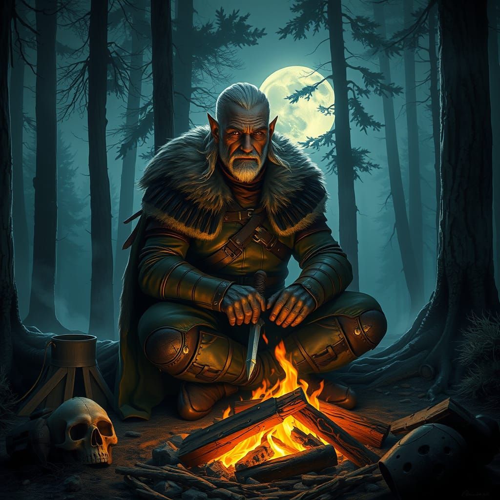 Geralt of Rivia in Misty Forest Campfire Scene