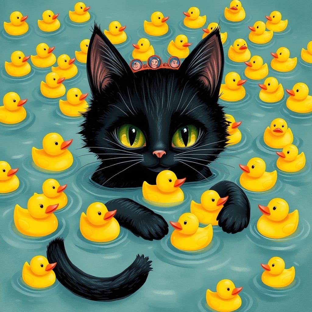 Whimsical Black Cat Surrounded by Yellow Rubber Ducks in a W...