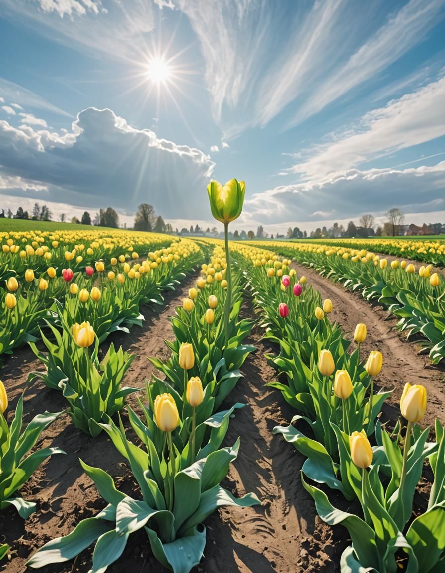 Green Tulip on Blue Sky with Abstract Waves