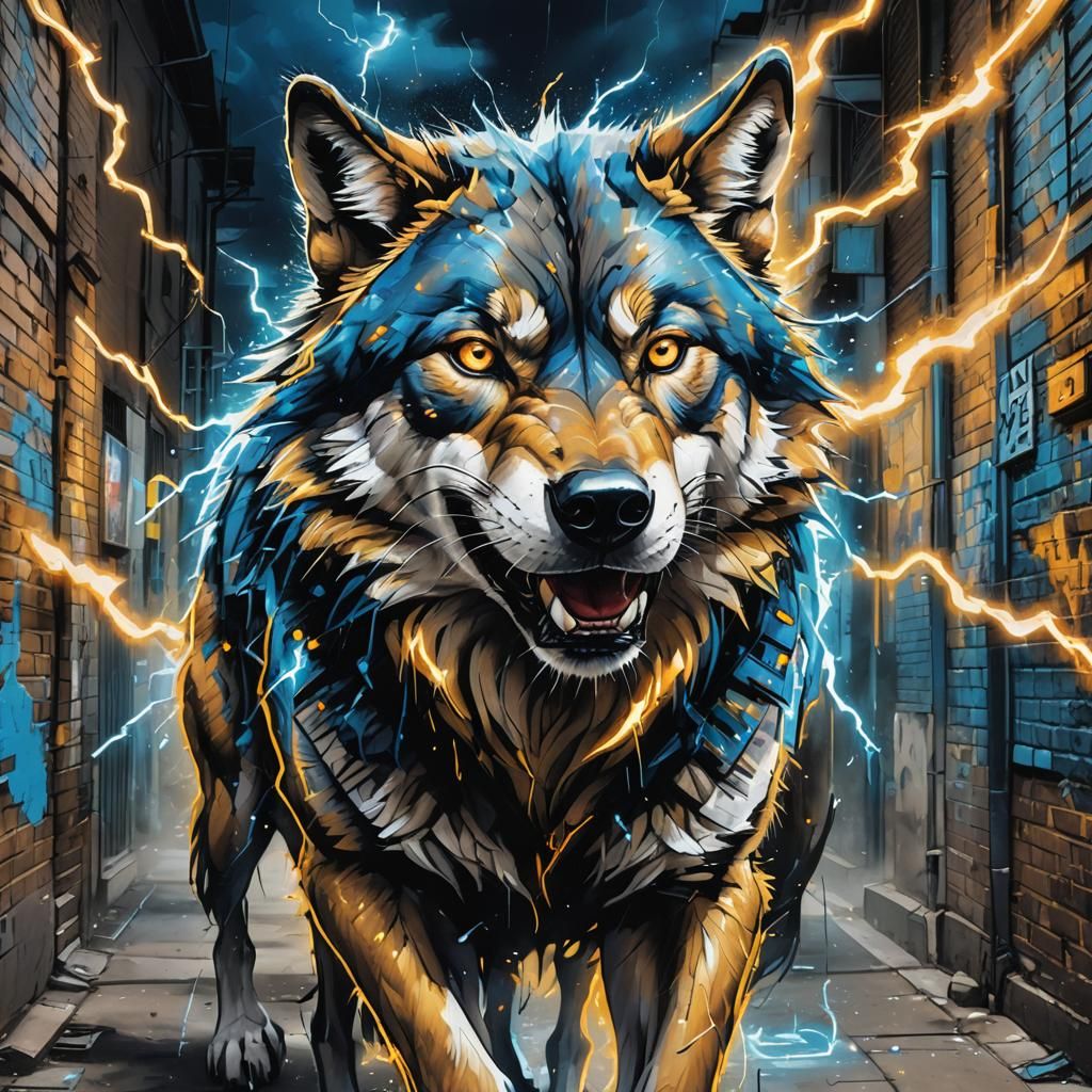 Wolf Surrounded by Lightning in Graffiti Art