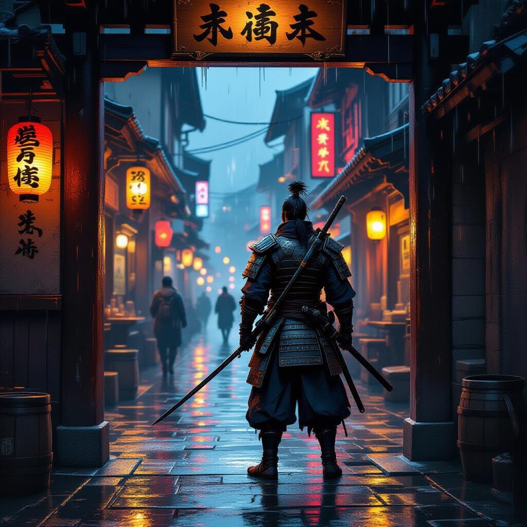 Samurai Warrior at Tavern Entrance in Chiaroscuro Oil Painti...