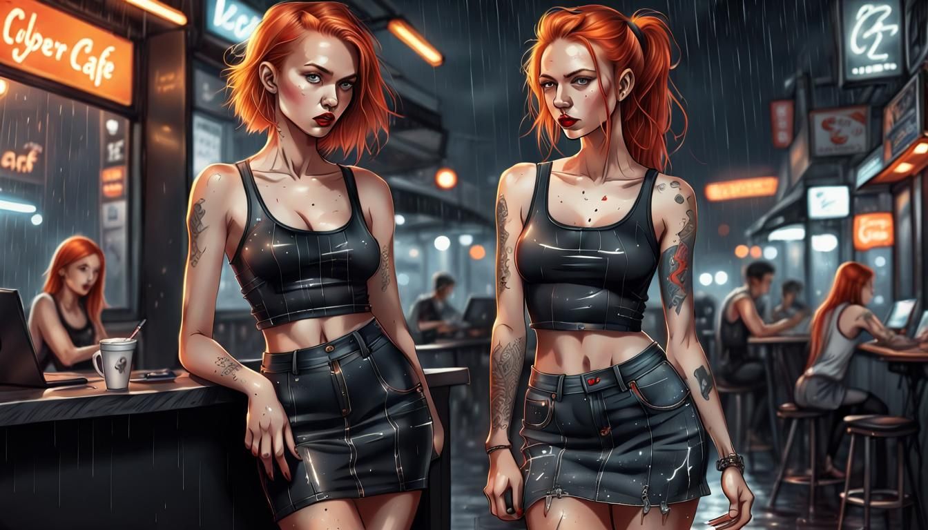 Cyber Cafe Date in Noir Realistic Cartoon Style