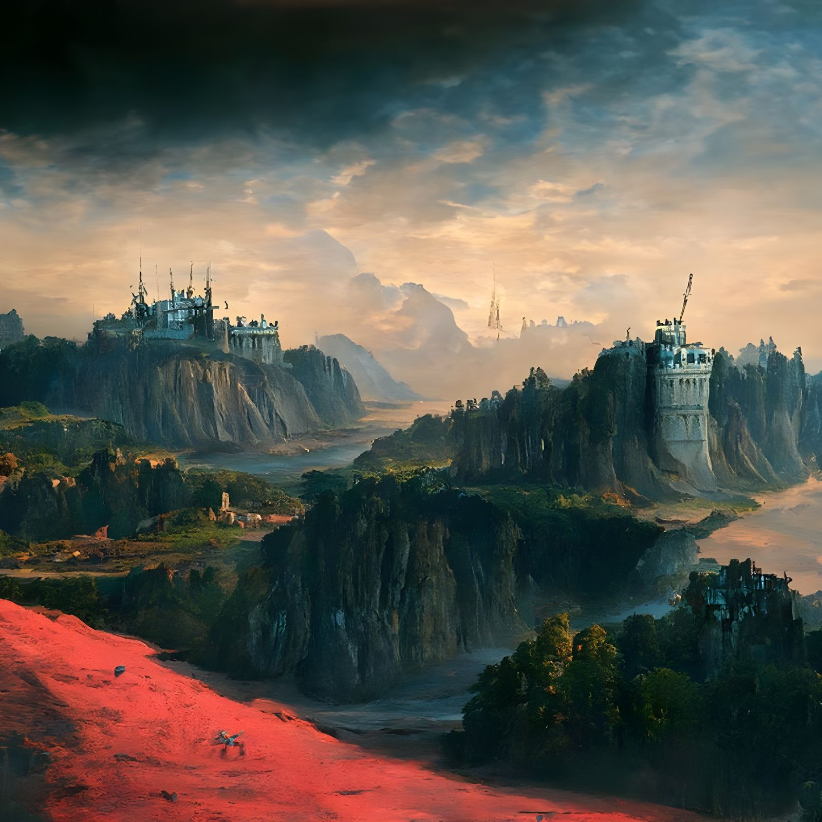 Cosmic Alien Castle by River in Cyberpunk Style