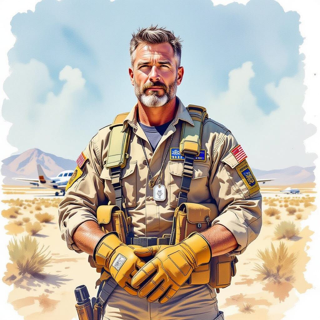 US Navy Veteran in Desert Landscape, Watercolor Art