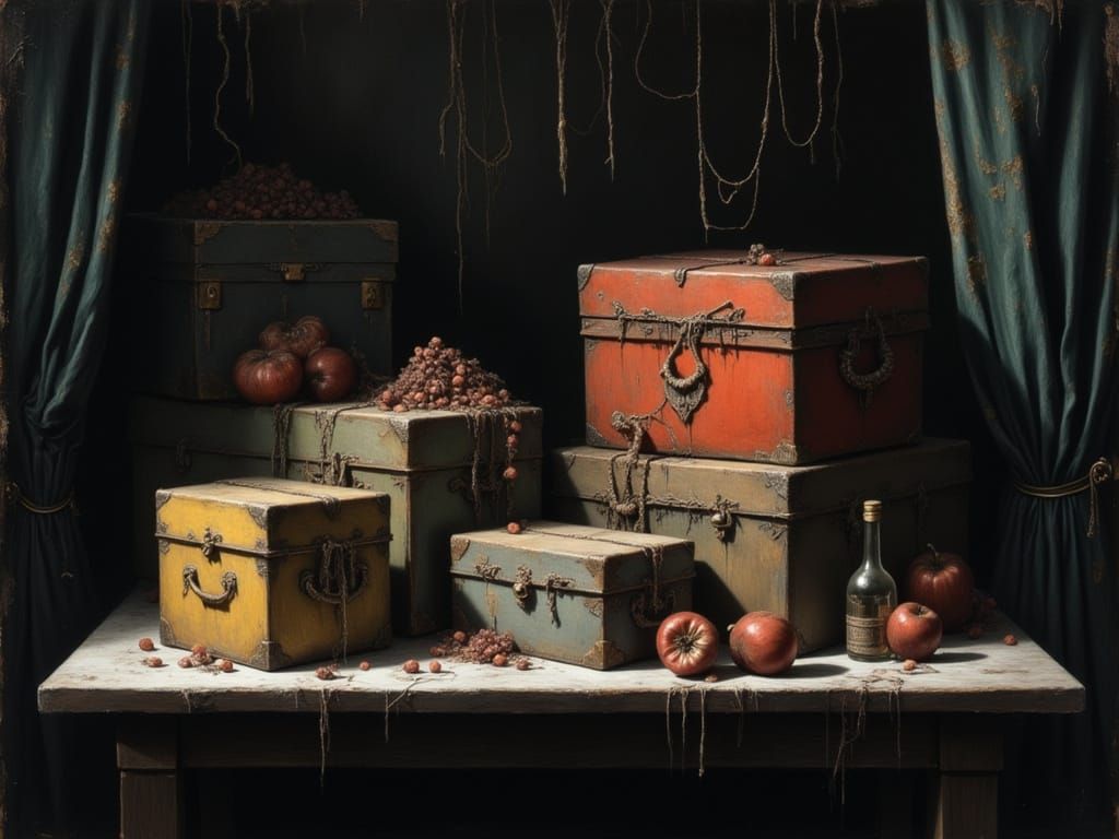 Still Life Boxes in Dimly Lit Room
