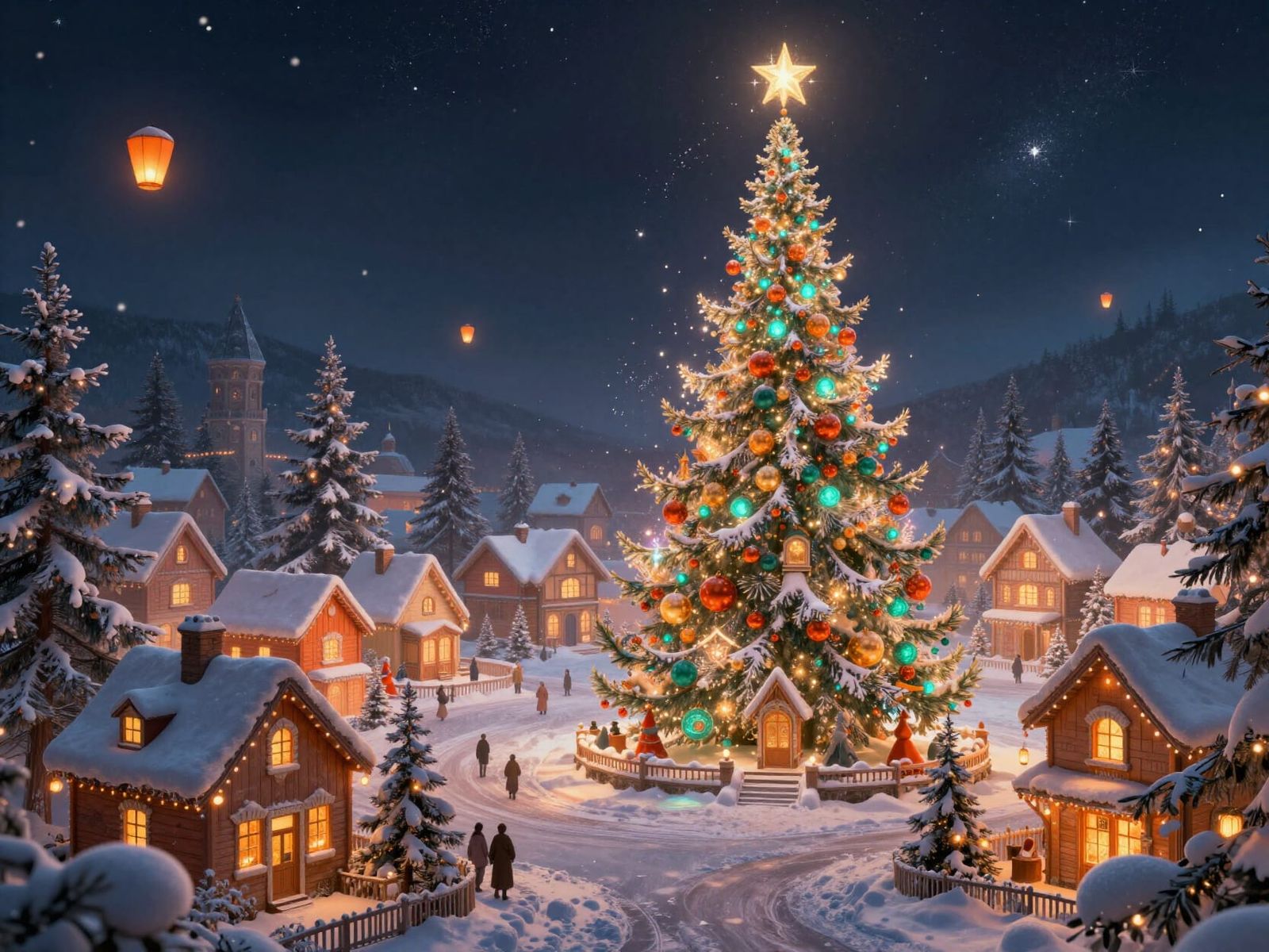 Magical Christmas Village with Enchanted Tree Under Starry S...