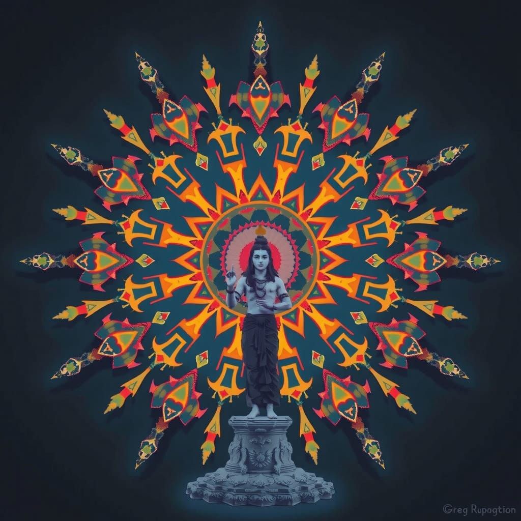 Shiva Baba stands arms and head raised to the sky geometircs...