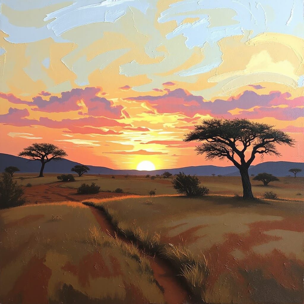 Savannah Sunset in Earthy Oil Painting Style