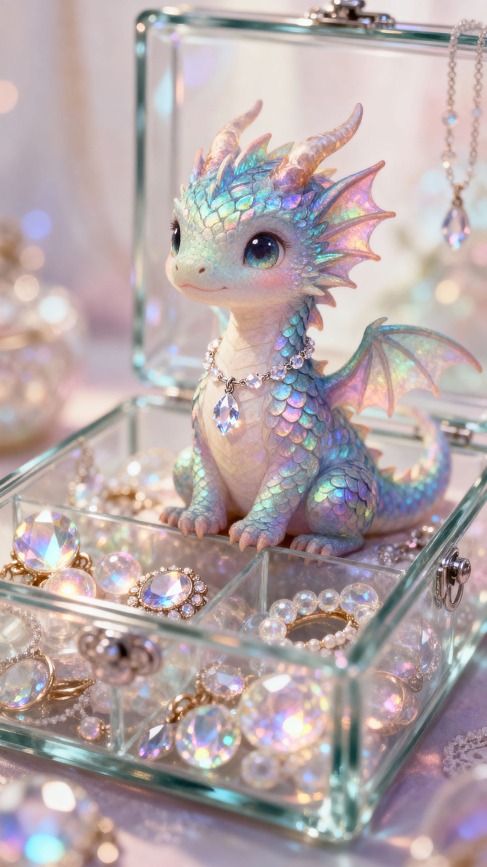 Cute Baby Dragon in Jewelry Box with Glowing Gems