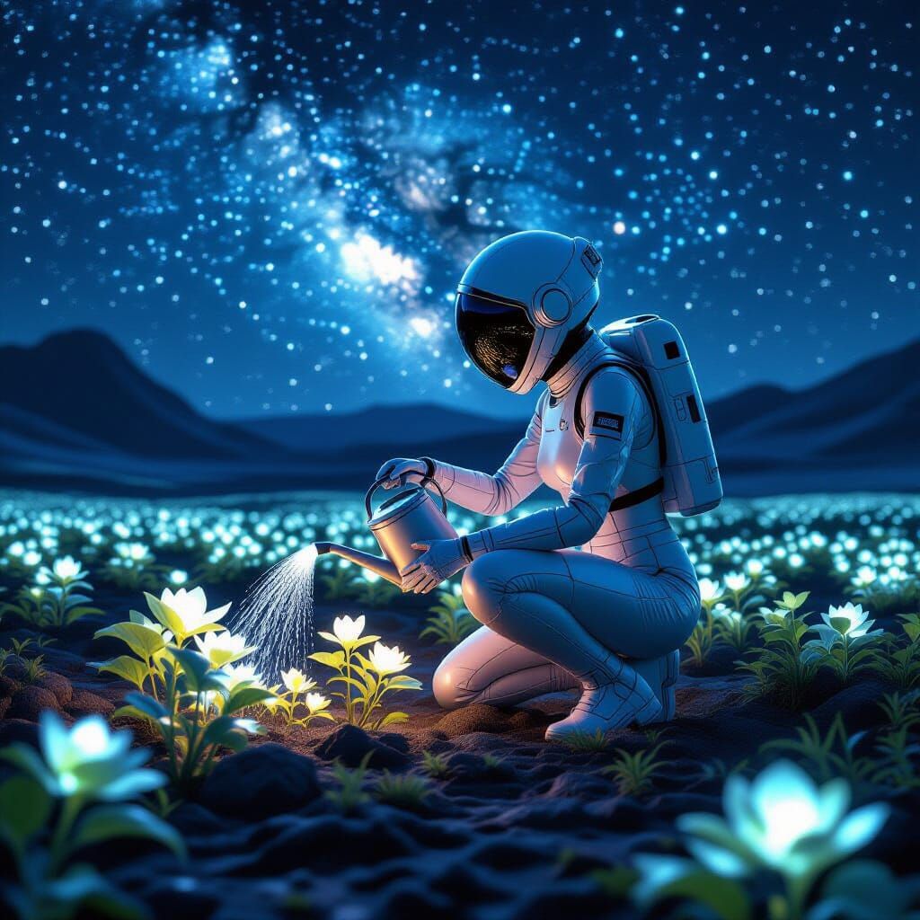 Astronaut Tends Bioluminescent Garden on Alien Planet