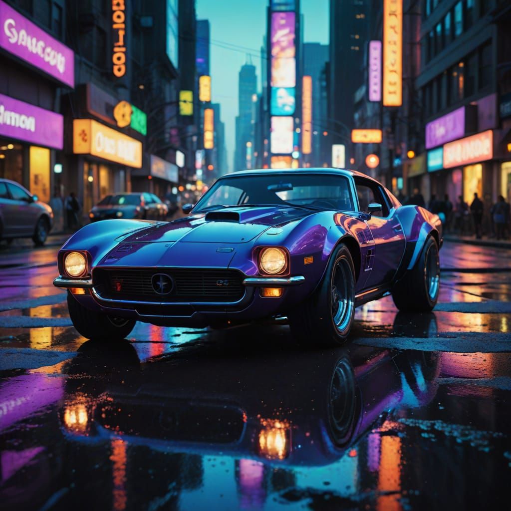 Cyberpunk Hot Rod Races Through Neon Cityscape