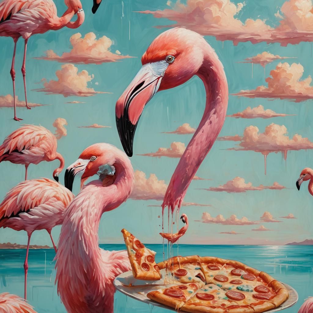 Flamingo's Surreal Pizza Feast by the Sea