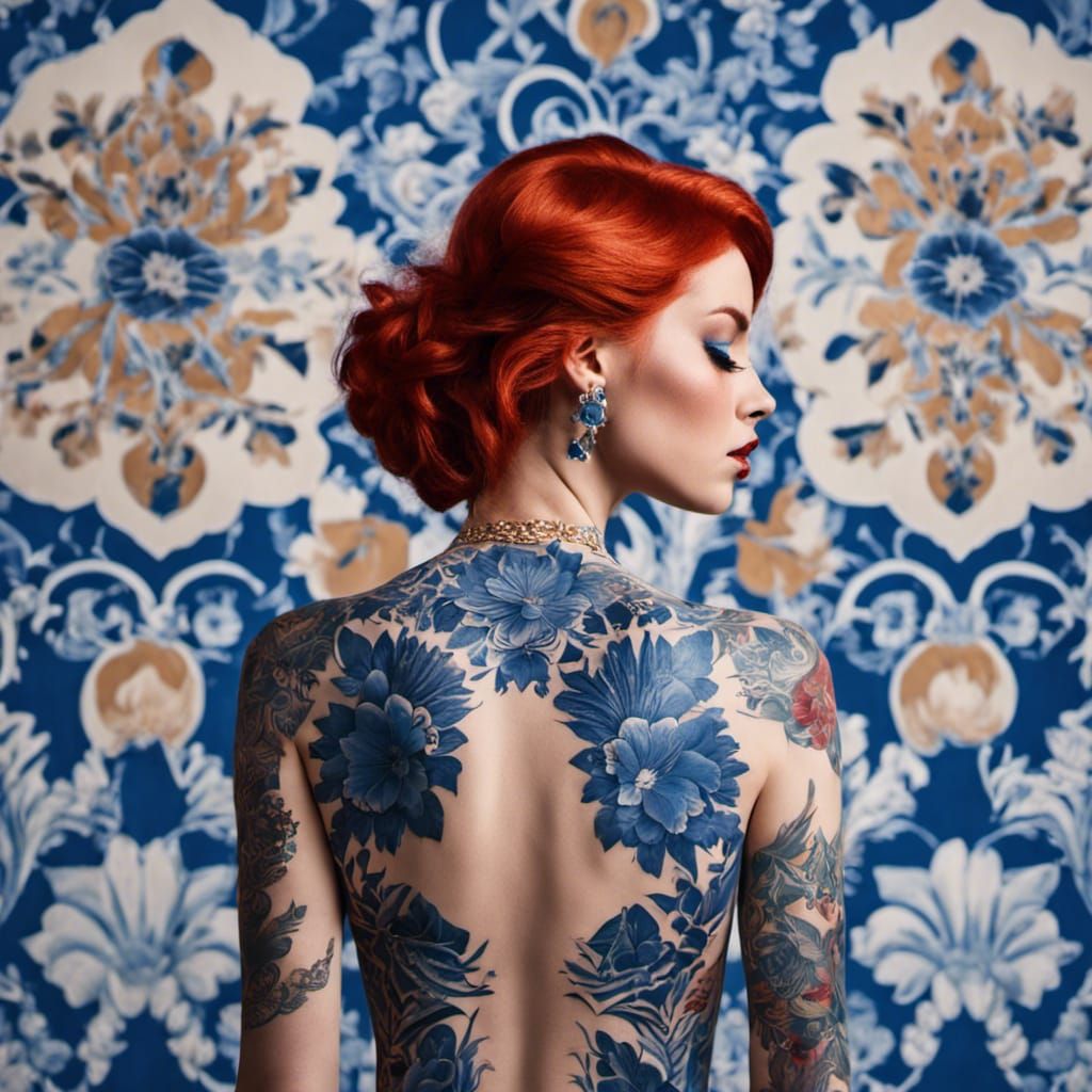 Glamorous Woman with Delft Blue Tattoos