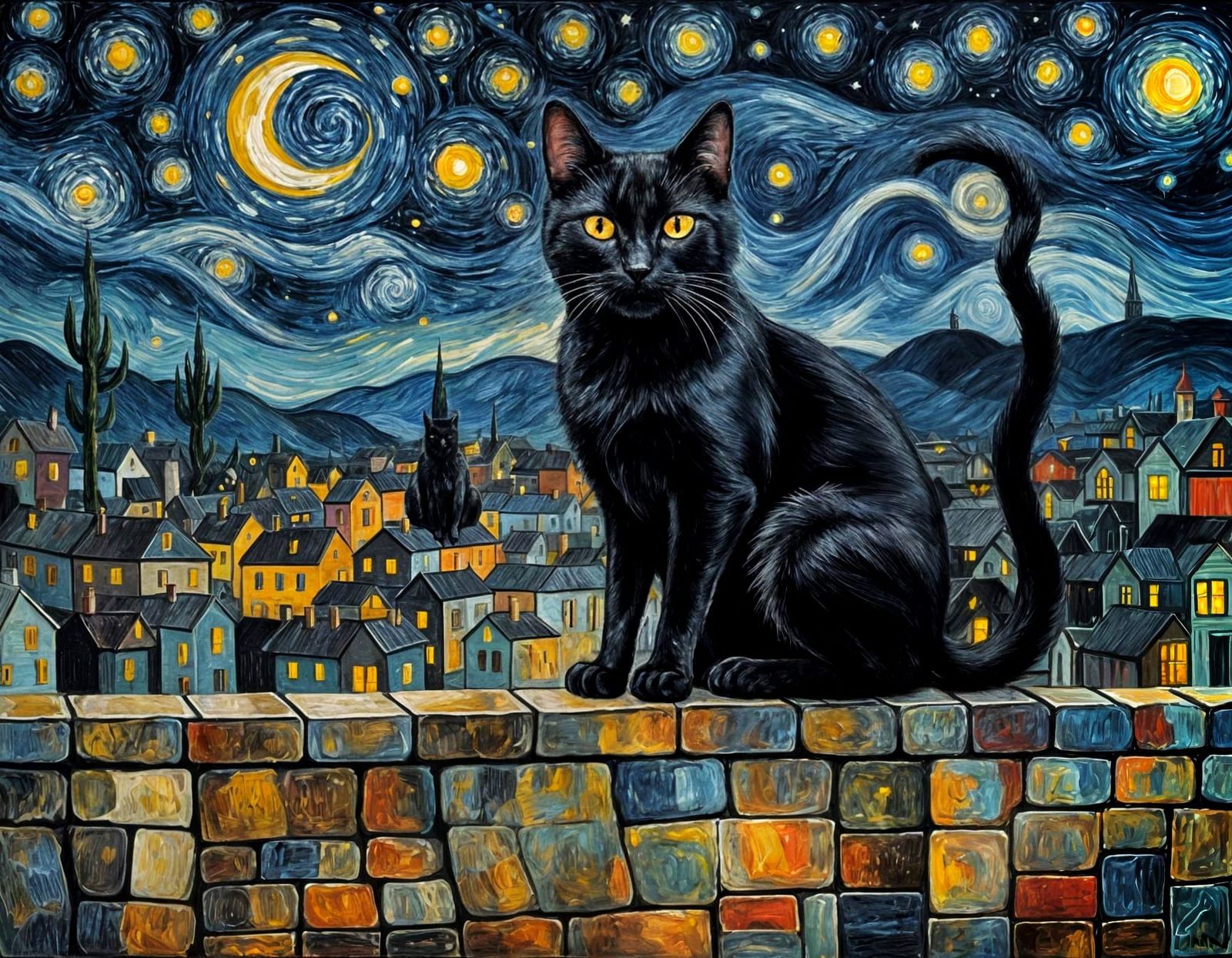 Black Cat Under Starry Sky in Cubist Style