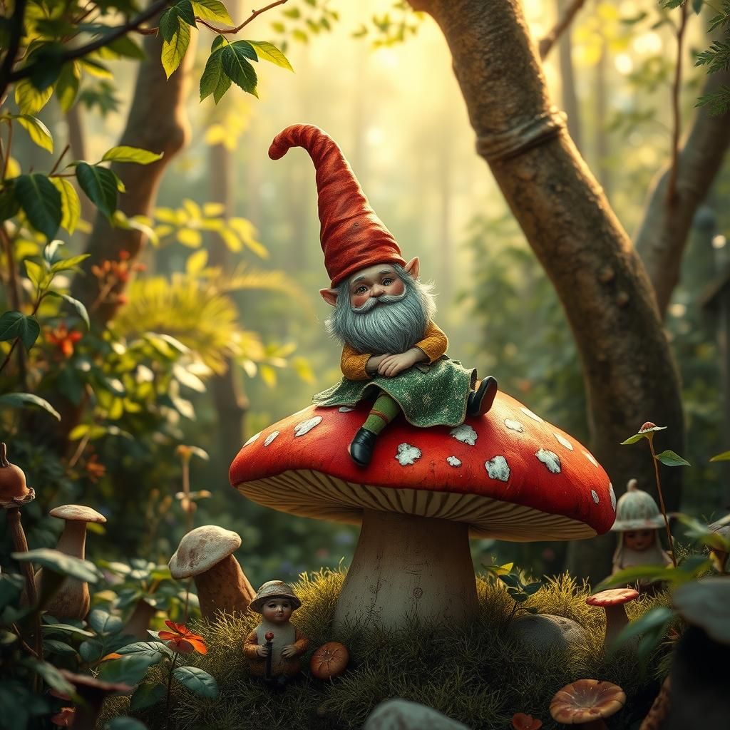 On a red mushroom red with white dots, gnome pimpernel sat r...