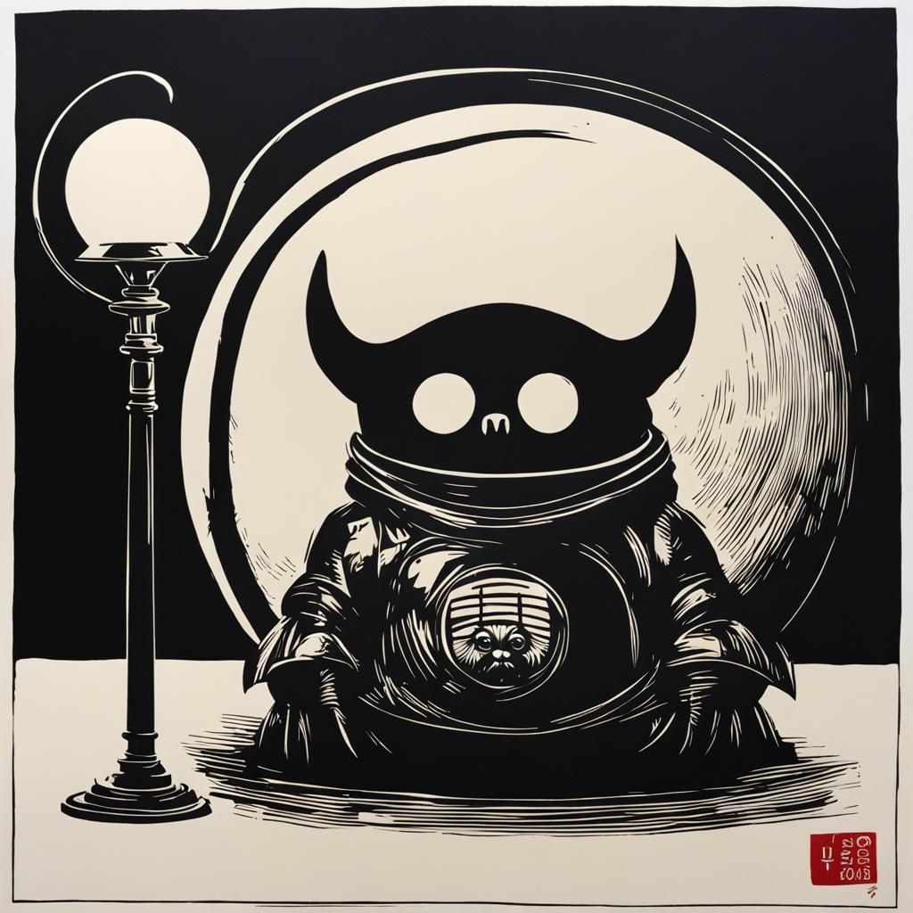 Cute Creature with Lamp in Linocut Style