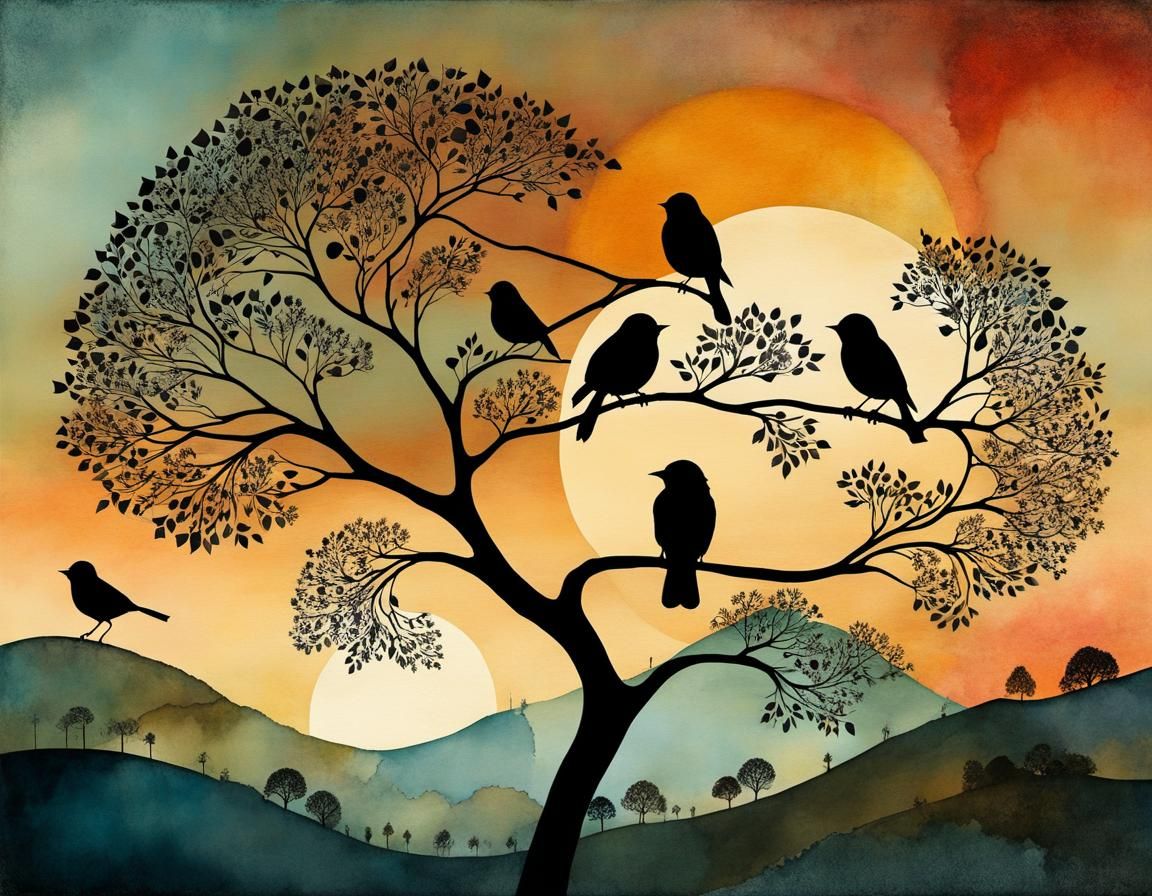 Birds on Branch at Sunset: Mixed Media Collage