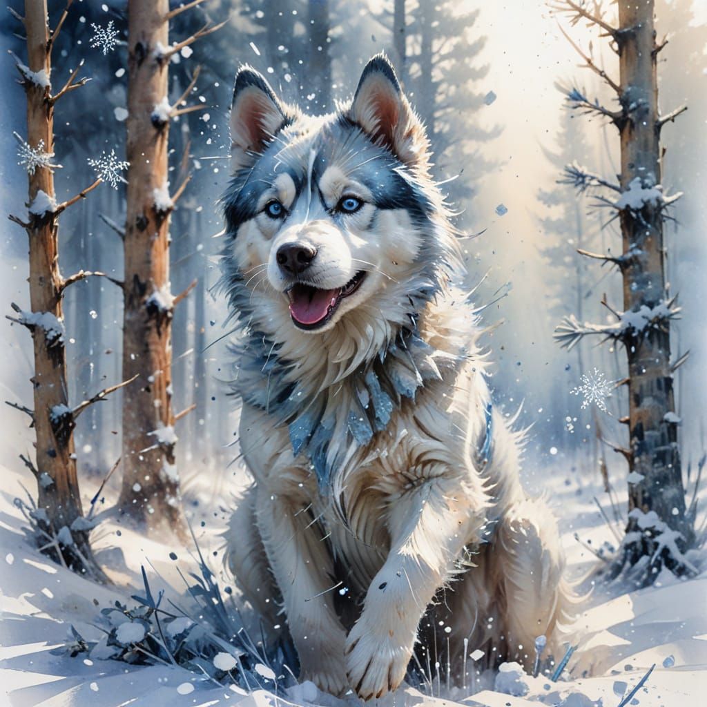 Husky Puppy's Winter Frolic: Hyperrealistic Snow Scene