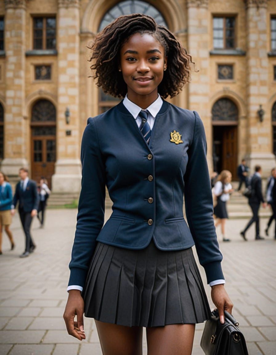 Ebony Woman in University Uniform and Mini Skirt