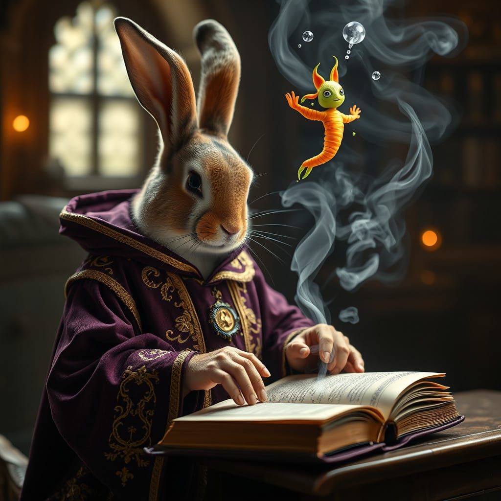 Mystical Rabbit Wizard Enthralled by Ancient Tome with Carro...