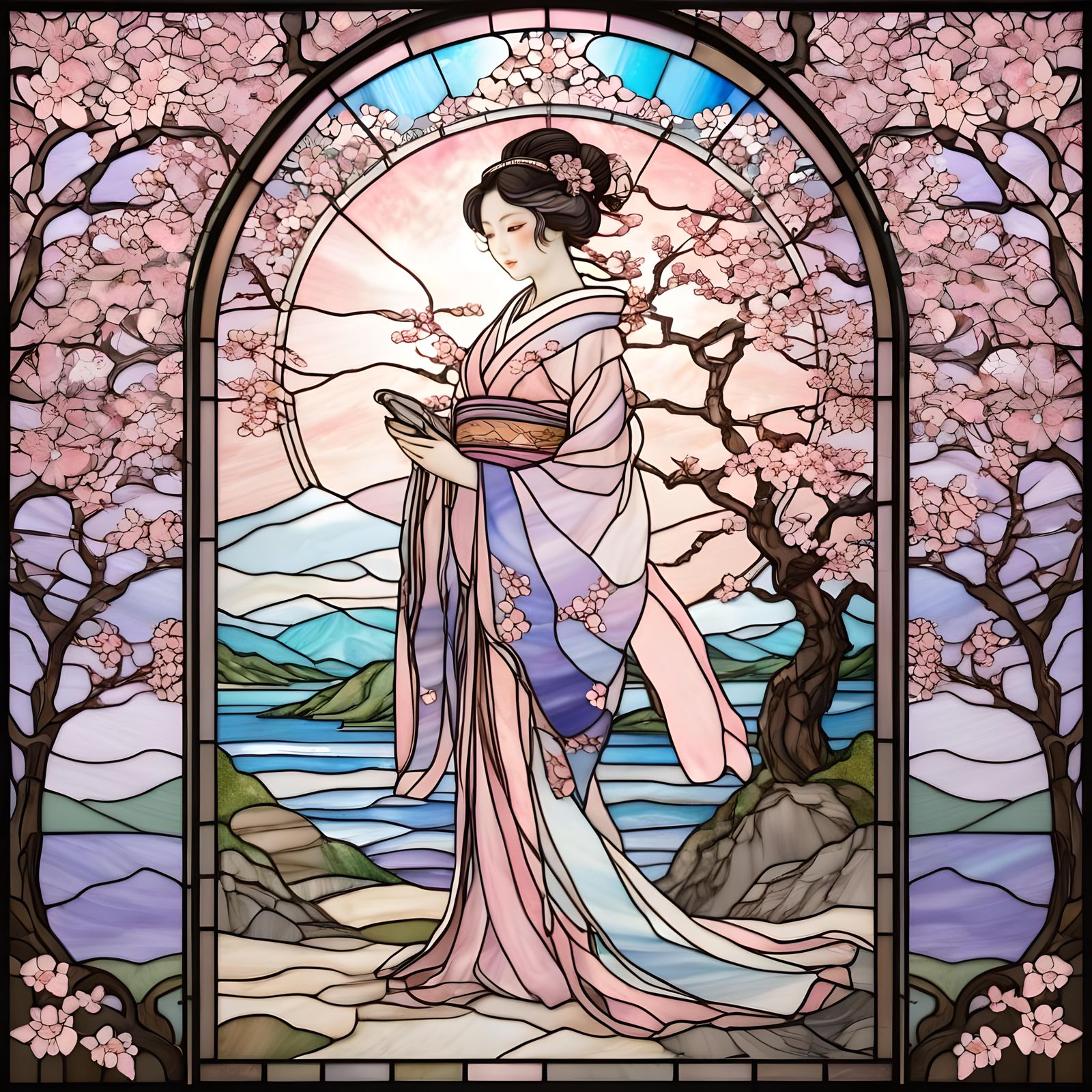 Stained Glass Japanese Courtesan with Cherry Blossoms