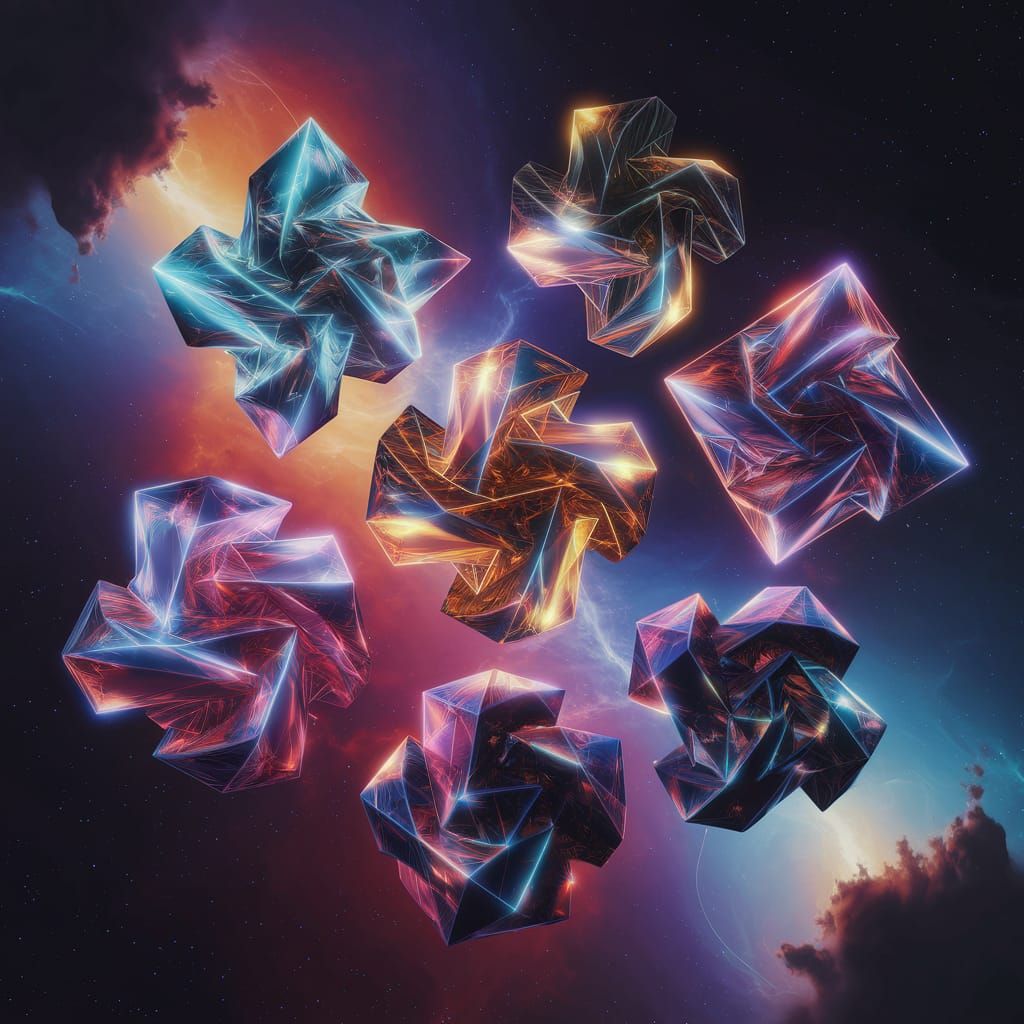 Ethereal Cosmic Geometric Forms in Vibrant Neon Hues