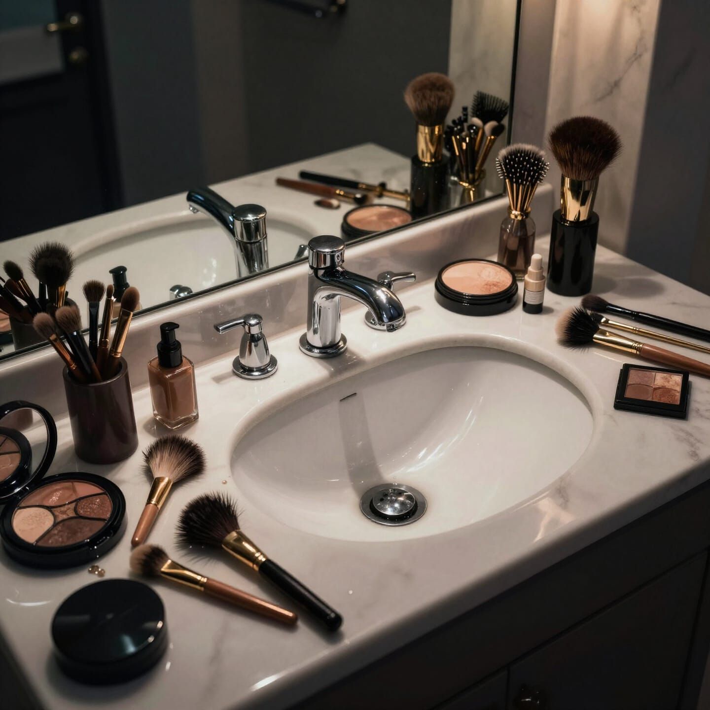 Magical Bathroom Worktop with Makeup and Styling Tools