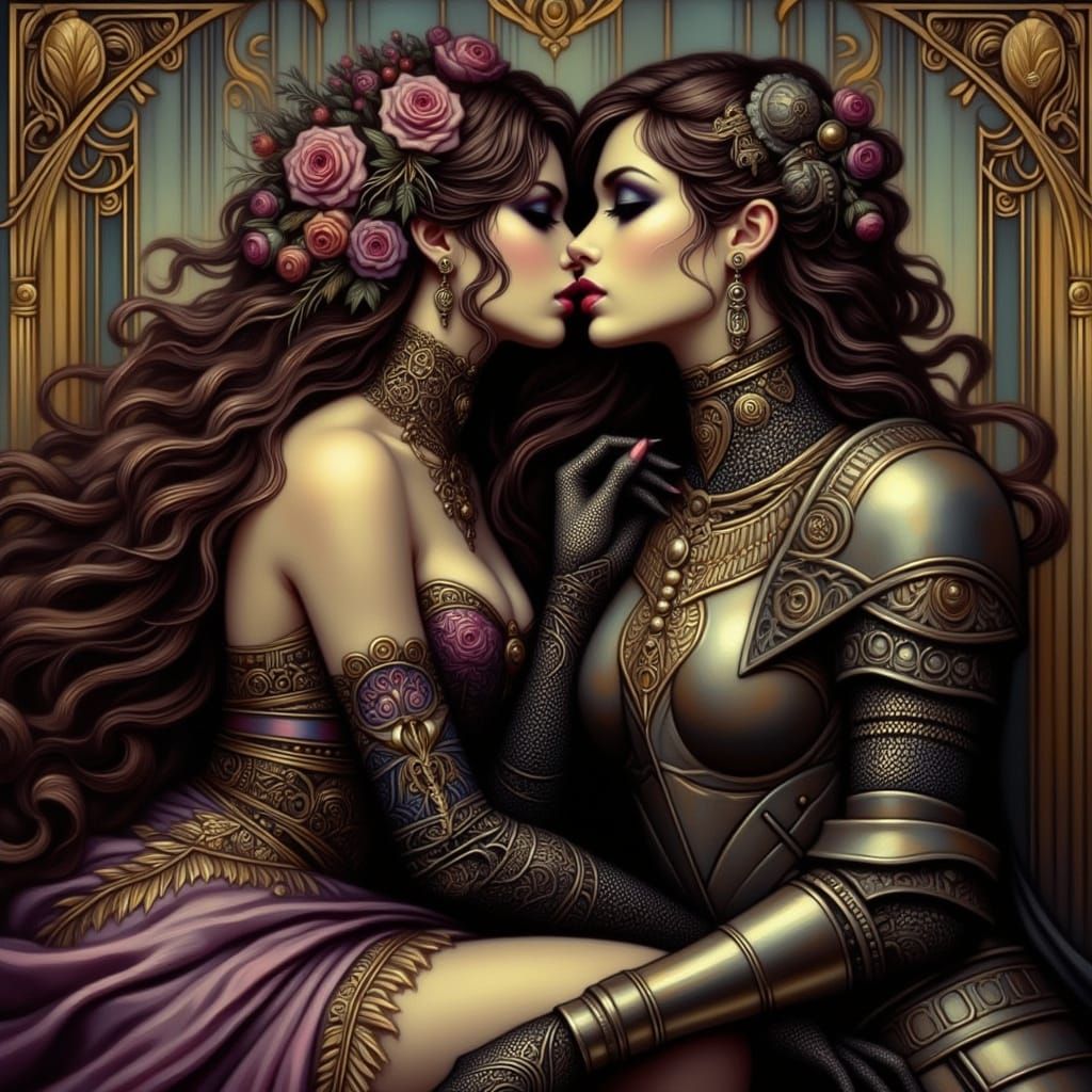 Romantic Kiss Between Woman and Knight in Pre-Raphaelite Sty...