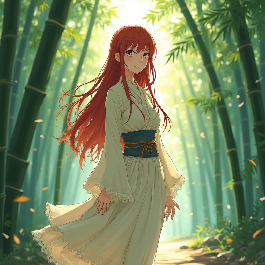Woman in Bamboo Forest: Ghibli and Shinkai Style