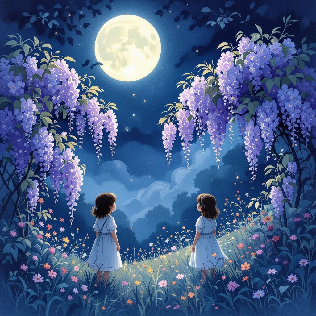 Mystical Wisteria Garden Under Full Moon Illustration